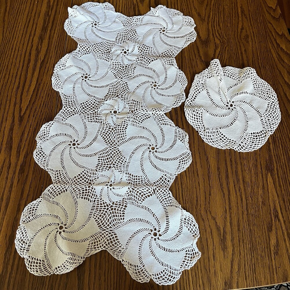 2pc Set 30” Dresser Table Top Scarf & 10” Round Doily White Cotton Crochet Lot